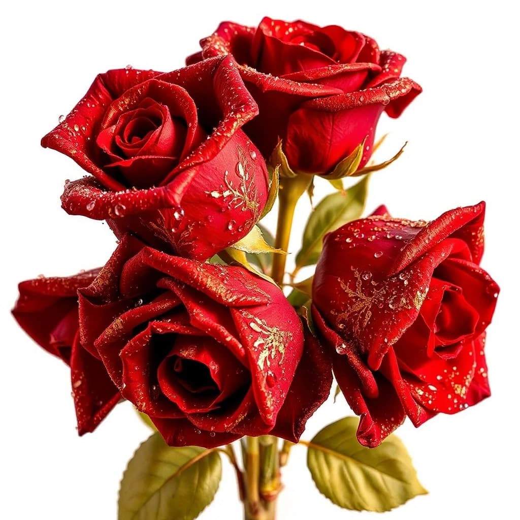 A digital image. Macro photography. A bouquet of red roses with dew on the petals. Gilding, gold, gold leaf, radiance. Golden patterns on the petals. Golden stem and leaves:: embossing, detailing. On a light background. Plateresque, modern, Palekh painting. Spectacular lighting, brilliance. High quality and high detail, hyper-realistic. The Watercolor style