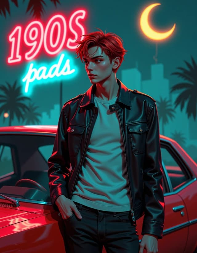 A masterpiece,  in the style of the 1980s, with bold lines, dynamic strokes and rich textures, on background with a touch of nostalgia, perhaps with subtle drawings inspired by cellulose and vintage, worn textures similar to paper, oil painting,   Moody, stylized stop-motion animated portrait of a lanky pale young man with exaggerated angular features, deep dark eye sockets, intense wide eyes, and tousled reddish hair, wearing a worn black leather biker jacket and simple white tee, leaning casually on the chrome door of a vintage car. Nighttime 1980s neon ambiance with a glowing red "1980s" sign in the blurred background, a crescent moon with a whimsical spiral, foggy gothic city silhouettes and warm neon rim light contrasting cool blue moonlight. Cinematic shallow depth of field, dramatic low-angle three-quarter view, soft film grain, high detail skin texture and fabric grain, cinematic volumetric lighting, subtle rim highlights, realistic specular reflections on leather and chrome, moody color grading (teal shadows, red highlights), ultra-detailed, photorealistic stylized 3D render, dramatic contrast, evocative retro-goth mood, composition focused on expressive face and posture. hdr