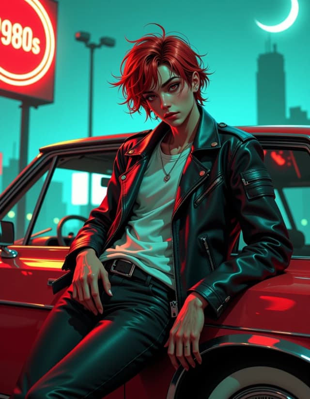 A masterpiece,  in the style of the 1980s, with bold lines, dynamic strokes and rich textures, on background with a touch of nostalgia, perhaps with subtle drawings inspired by cellulose and vintage, worn textures similar to paper, oil painting,   Moody, stylized stop-motion animated portrait of a lanky pale young man with exaggerated angular features, deep dark eye sockets, intense wide eyes, and tousled reddish hair, wearing a worn black leather biker jacket and simple white tee, leaning casually on the chrome door of a vintage car. Nighttime 1980s neon ambiance with a glowing red "1980s" sign in the blurred background, a crescent moon with a whimsical spiral, foggy gothic city silhouettes and warm neon rim light contrasting cool blue moonlight. Cinematic shallow depth of field, dramatic low-angle three-quarter view, soft film grain, high detail skin texture and fabric grain, cinematic volumetric lighting, subtle rim highlights, realistic specular reflections on leather and chrome, moody color grading (teal shadows, red highlights), ultra-detailed, photorealistic stylized 3D render, dramatic contrast, evocative retro-goth mood, composition focused on expressive face and posture. hdr