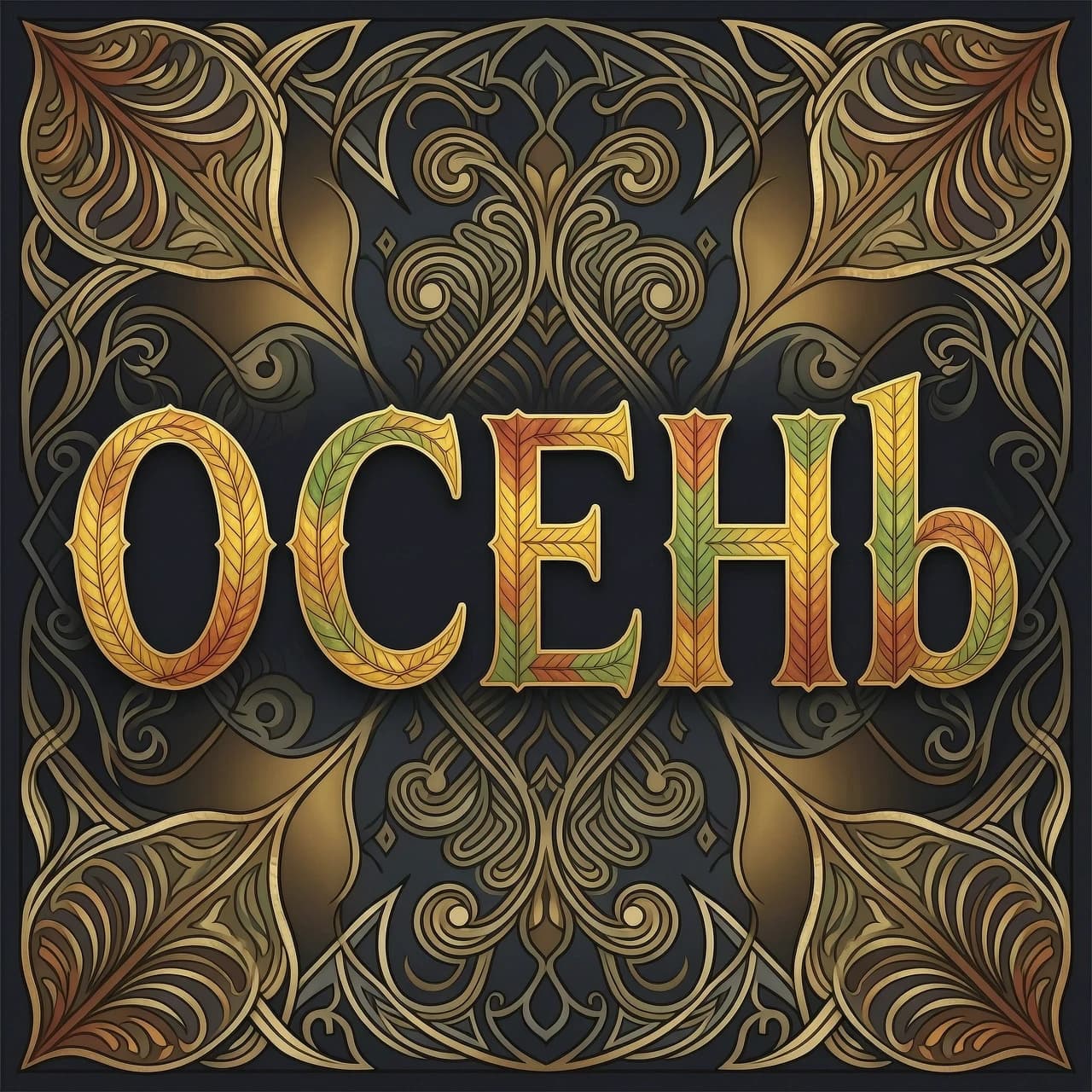 Digital image with double exposure and overlay of layers and textures. Vector graphics. The word "OCEHb" is made of gold, crimson and green skeletonized textured autumn leaves in various shades of yellow, orange, green and red. An unusual font made of autumn leaves. A very detailed and impressive font. Font and background contrast, fading, gradient. Background: a lot of dark with light ornaments. Delicate elements of the floral pattern. Gothic, decorative style, Art Nouveau. Abstract vector fractal pattern, Zentangle, Gothic, dark art. In the style of Alphonse Mucha, Gustav Klimt, Aubrey Beardsley and Roman Tirtov. High level of detail.