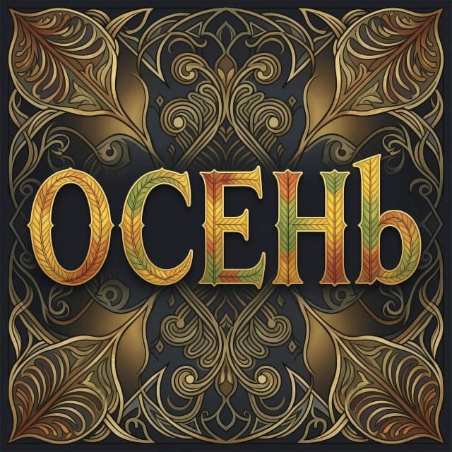 Digital image with double exposure and overlay of layers and textures. Vector graphics. The word "OCEHb" is made of gold, crimson and green skeletonized textured autumn leaves in various shades of yellow, orange, green and red. An unusual font made of autumn leaves. A very detailed and impressive font. Font and background contrast, fading, gradient. Background: a lot of dark with light ornaments. Delicate elements of the floral pattern. Gothic, decorative style, Art Nouveau. Abstract vector fractal pattern, Zentangle, Gothic, dark art. In the style of Alphonse Mucha, Gustav Klimt, Aubrey Beardsley and Roman Tirtov. High level of detail.