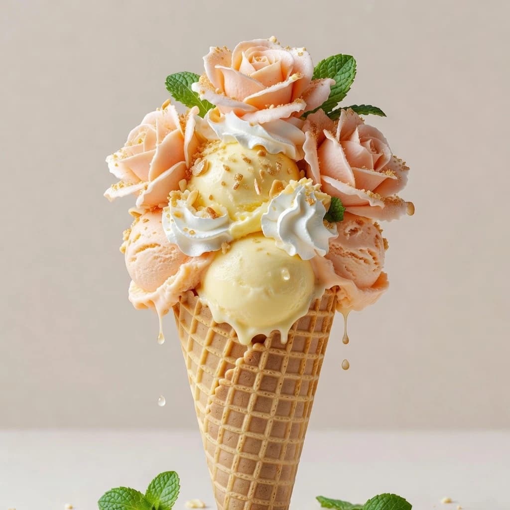 Aesthetic food photo of an ice cream cone in close-up. Instead of the usual balls, the waffle cone contains perfect, smooth balls of creamy pale yellow and peach ice cream. The ice cream is richly decorated with several large blooming peach-pink roses made from ice cream and fresh bright green mint leaves. The surface of the molds is sprinkled with golden crumbs and decorated with delicate curls of white whipped cream. Small droplets of melted ice cream run down the waffle cone. Minimalistic light beige background, soft diffused daylight. A few mint leaves scattered on the floor in the foreground. Exquisite culinary style, soft pastel color palette, 8k resolution, hyper-realistic texture, cinematic lighting, macro photography, elegant dessert composition.