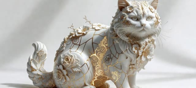 Digital image in Baroque and rocaille style with elements of kintsugi technique. Close-up. (Decorative sculpture made of white porcelain: 1.5). Golden cracks. Volume. The Persian cat. Glossy, porcelain, shiny. The cat's head and body are decorated with gorgeous embossed flowers. (Perfect white porcelain (1.5 ). Exquisite carvings that convey the fur, whiskers and tail of a seated cat. The edges of the leaves and the patterns are decorated with intricate carvings. Thin twigs, delicate flowers and leaves. Lots of fine gold veins. Intricate weaves, swirls, almost psychedelic ornaments. An amazing, mesmerizing sight: the glow. Luminescence. The background is white, with shadows and spectacular lighting. Style: rococo, surrealism, fairy tale, fantasy. Dynamic and expressive. Subtle patterns. Stylization, intricate decorative molding, surrealism, modernism. In the manner of Andrew Jones, Lorenzo Bernini. High quality.