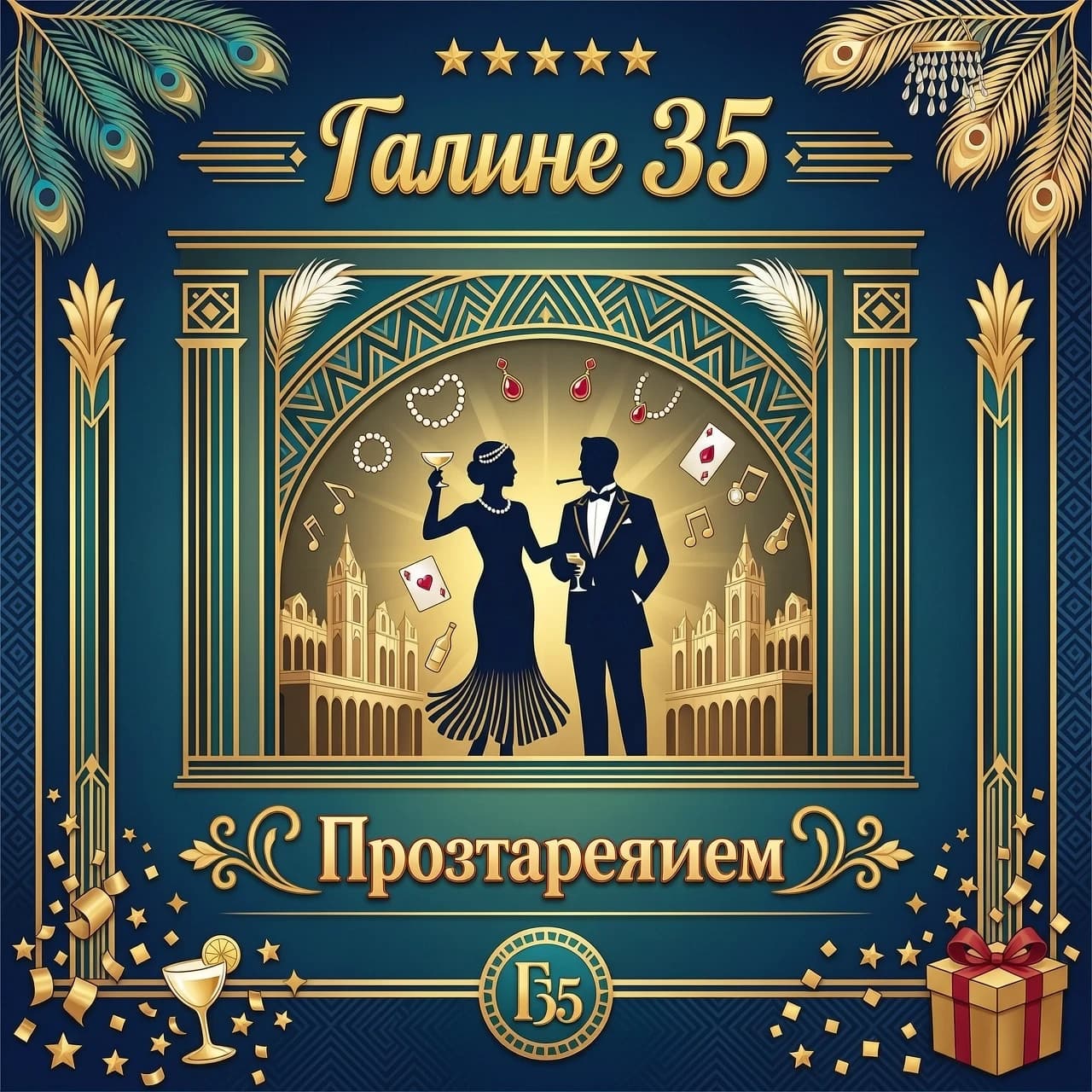 красочная картинка в стиле гетсби на фон и сверху надпись галине 35 и убери нижние надписи добавь поздравляем