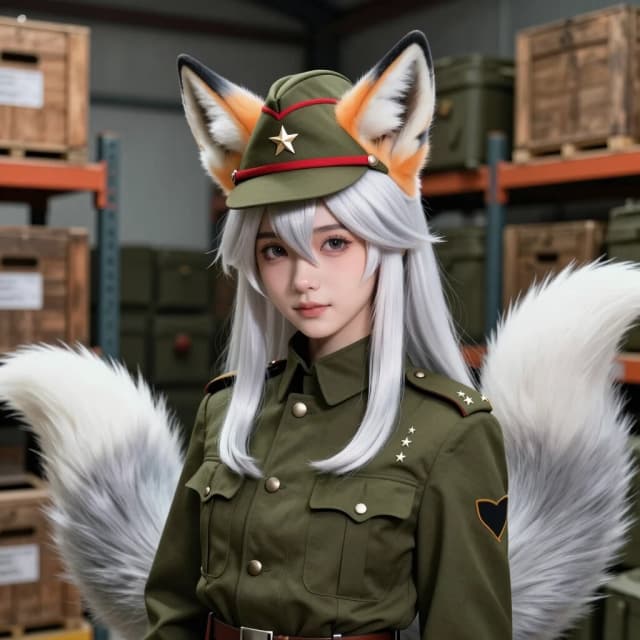 Anime style, a beautiful fox-girl with long white hair, matching fluffy white and silver-grey fox ears on her head, and a large fluffy white and platinum-grey fox tail behind her. She is wearing a military peaked cap (furazhka) with an olive-green top and a red band, with a small star badge in the center. She wears a vintage retro-style olive-green military jacket with a high buttoned collar, clean shoulder boards with two small stars arranged vertically. Background: an old military supply warehouse filled with wooden crates and shelves. Highly detailed, 8k resolution.