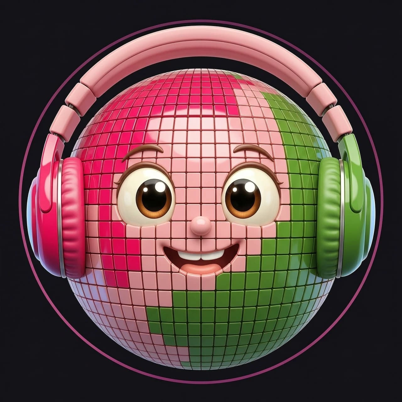 A clean, professional minimalist circular 3D logo icon for a children's music channel, isolated on a solid dark background with no external decorative elements or doodles around the circle. In the very center, a cute and happy cartoon disco ball planet character with big expressive eyes and a wide cheerful smile. The facial features smoothly and seamlessly blend into the disco ball structure, with no sharp borders or outlines, appearing as if the face naturally emerges from the mosaic grid. The disco ball features smooth, glossy tiles in a specific color palette: deep hot pink (#ff0054), vibrant grass green (#45842a), and soft pastel pink (#faa0a2). The character is wearing large, colorful 3D headphones that perfectly wrap around it, matching these exact colors. Professional studio lighting with bright, clean reflections, smooth textures, modern Pixar and claymation style, strict minimalist composition with zero small cluttered details, high contrast, perfect for a mobile app icon.