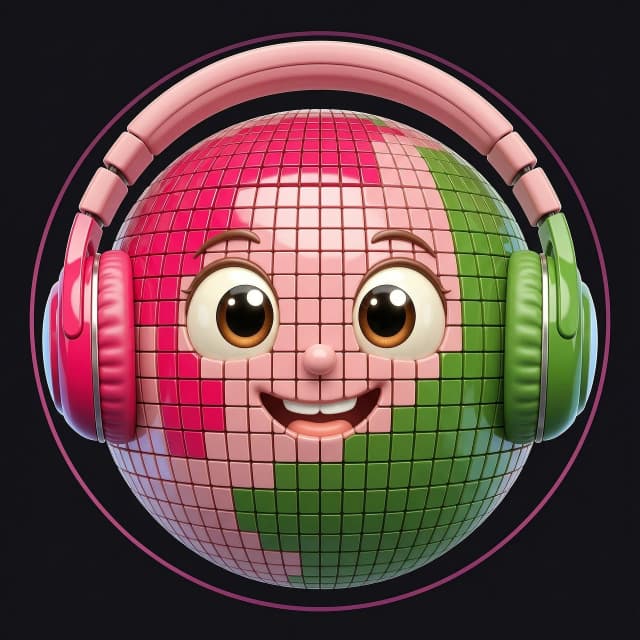 A clean, professional minimalist circular 3D logo icon for a children's music channel, isolated on a solid dark background with no external decorative elements or doodles around the circle. In the very center, a cute and happy cartoon disco ball planet character with big expressive eyes and a wide cheerful smile. The facial features smoothly and seamlessly blend into the disco ball structure, with no sharp borders or outlines, appearing as if the face naturally emerges from the mosaic grid. The disco ball features smooth, glossy tiles in a specific color palette: deep hot pink (#ff0054), vibrant grass green (#45842a), and soft pastel pink (#faa0a2). The character is wearing large, colorful 3D headphones that perfectly wrap around it, matching these exact colors. Professional studio lighting with bright, clean reflections, smooth textures, modern Pixar and claymation style, strict minimalist composition with zero small cluttered details, high contrast, perfect for a mobile app icon.