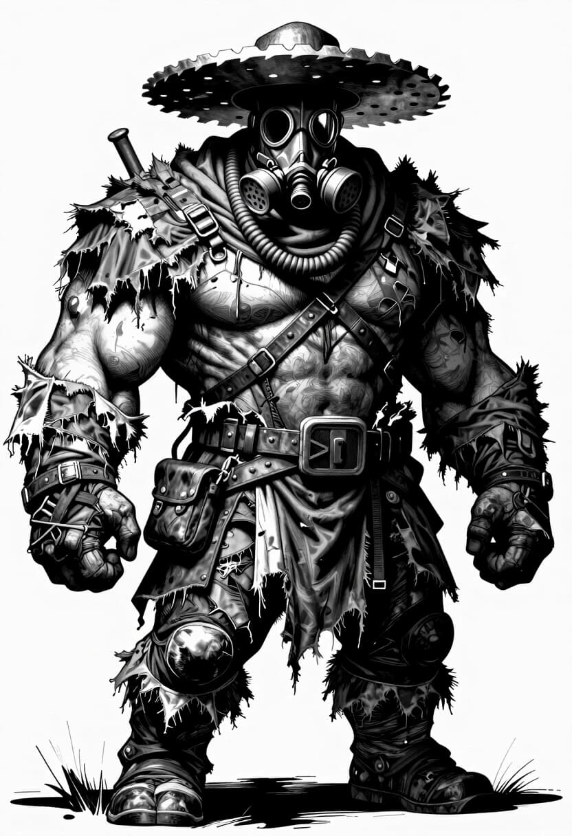 A hulking, massively muscular giant of a man, a post-apocalyptic trader with an enormous, heavily built physique, broad shoulders like a bull, his entire body completely encased in multiple chaotic layers of tattered rags, frayed fabric, shredded cloaks, tangled scarves, scavenged patchwork garments, and overlapping leather strips — absolutely no skin visible anywhere on his body, from neck to feet, every inch covered in worn, torn textiles, his face hidden behind a sinister respirator gas mask with multiple corrugated tubes, but instead of a hat, a gigantic, heavy metal disc rests flat on his head like a wide brim, looking like a salvaged industrial saw blade or shield, black and white ink illustration, highly detailed cross-hatching and stippling, gritty texture, extreme high contrast, cinematic dramatic lighting with deep shadows, imposing silhouette, raw post-apocalyptic vibe, sharp focus, masterpiece