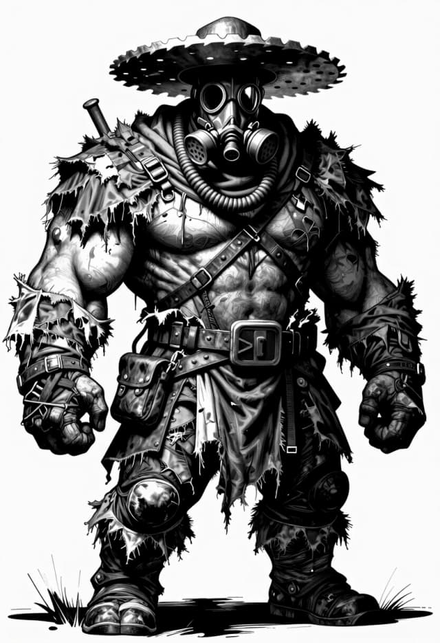 A hulking, massively muscular giant of a man, a post-apocalyptic trader with an enormous, heavily built physique, broad shoulders like a bull, his entire body completely encased in multiple chaotic layers of tattered rags, frayed fabric, shredded cloaks, tangled scarves, scavenged patchwork garments, and overlapping leather strips — absolutely no skin visible anywhere on his body, from neck to feet, every inch covered in worn, torn textiles, his face hidden behind a sinister respirator gas mask with multiple corrugated tubes, but instead of a hat, a gigantic, heavy metal disc rests flat on his head like a wide brim, looking like a salvaged industrial saw blade or shield, black and white ink illustration, highly detailed cross-hatching and stippling, gritty texture, extreme high contrast, cinematic dramatic lighting with deep shadows, imposing silhouette, raw post-apocalyptic vibe, sharp focus, masterpiece