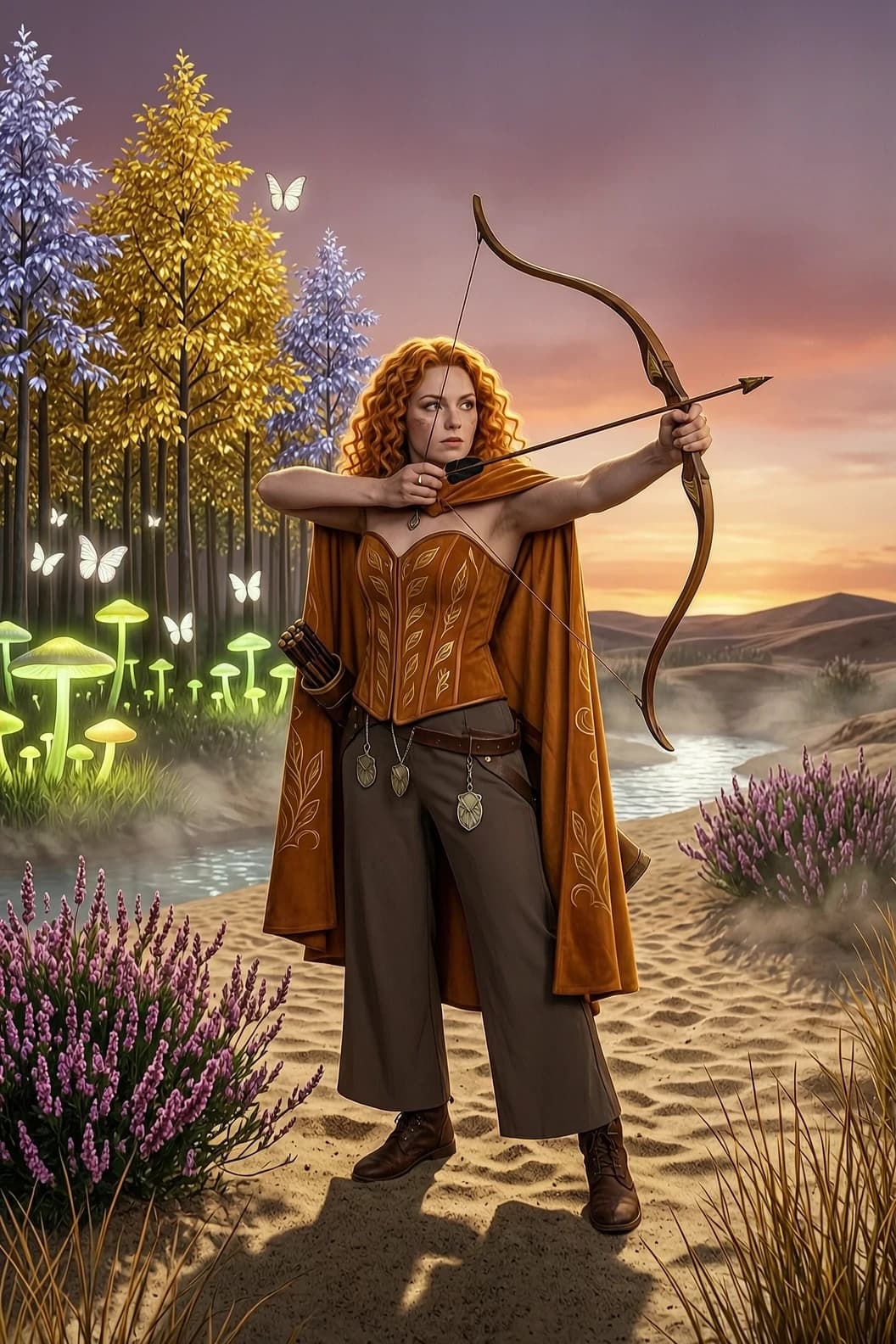 An epic 3:4 scene: on the border of an enchanted forest and sandy twilight wastelands, covered in some places with flowering heather, an elven archer freezes in a dynamic pose - she pulls the bowstring as if she were about to release an arrow; the setting sun colors the sky in soft maroon, light purple and soft orange tones, long shadows fall on the dry grass, and the air shimmers with dust illuminated by the last rays.; the girl has golden‑red curly hair that flutters freely in the wind and falls to the ground, light makeup emphasizes the expressiveness of her look, she is wearing an elegant cloak of a warm amber shade with subtle golden patterns, a tight corset made of soft suede decorated with embossed leaves and curls, light trousers made of flowing fabric smoothly fit the silhouette, on the belt — small quivers and thin straps with miniature pendants; behind is an enchanted forest with golden trees with silver and amethyst leaves, filled with pulsating greenish—emerald-golden phosphorescent mushrooms and butterflies with mirrored wings, a light haze trembles over the stream, and the sunset light outlines the silhouette of the archer, highlighting the brilliance of patterns and the tense line of the pose; high detail, 8K, cinematic lighting, sharp contrasts The focus is on the magic of the moment and the loneliness of the heroine at the junction of two worlds.