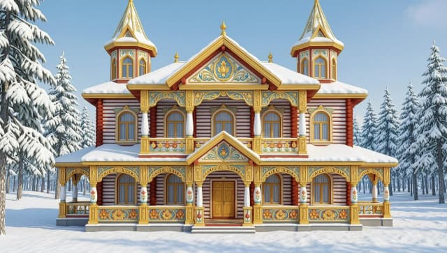 создай рисунок Терем, царская усадьба, 2 этажа, с башнями, кокошниками, аленькими цветочками и жар-птицами на фарфоровых изразцах, резными колоннами, много цветной росписи на фасаде, построенная в русском народном сказочном стиле из круглых бревен, с башенками, с широкими боковыми пристройками, и арками; цвета: много золотой росписи, белый, красный, с синими акцентами; сказочный стиль, яркие цвета, глянцевые золотые узоры, резные ставни с объемными узорами, много резьбы и узоров в народном русском стиле, на заднем плане — зимний сказочный лес со снежными сугробами; иллюстрация 3д, «Нарисуй дом строго в анфас, без поворотов, чтобы фасад был полностью виден, без бокового ракурса». «Сгенерируй изображение дома, повёрнутого прямо к камере, анфас. Не допускай наклона или скошенного вида». «Изобрази дом фронтально. Избегай ракурсов в три четверти или профиля — мне нужен именно анфас». «Сделай акцент на фасаде: дом целиком, без поворота. Подчеркни симметрию и фронтальную плоскость
