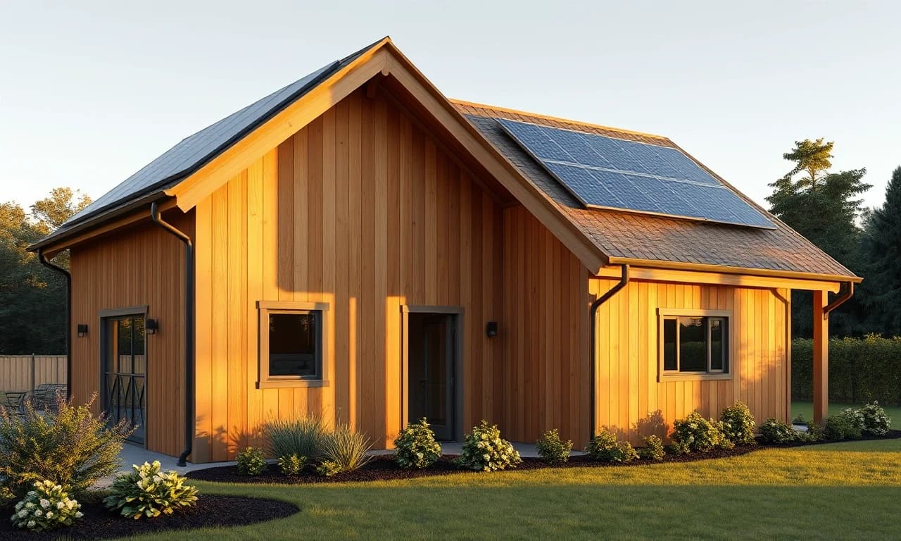 A beautiful realistic modern barnhouse frame home with a gorgeous wood-plank exterior. Glossy high-tech solar panels are neatly integrated onto the roof. Warm evening golden hour sunlight hits the timber walls, creating cozy shadows. Landscaped green garden with soft lighting around, clear sky. Professional real estate photography style, 8k, highly detailed, photorealistic.