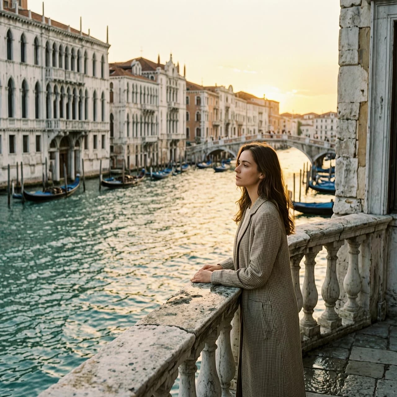 Romantic and nostalgic cinematic shot capturing the essence of "Love for Venice," a young woman standing on a weathered stone balcony overlooking the Grand Canal at golden hour. The scene is bathed in the warm, honey-colored glow of a setting sun, reflecting shimmering amber light onto the rippling turquoise water below. In the background, iconic Venetian architecture with intricate Gothic facades, arched bridges, and distant gondolas creates a sense of timeless grandeur. The atmosphere is dreamy, melancholic, and deeply romantic. Artistic medium: high-detail photography with a soft film grain, shallow depth of field focusing on the character's emotional expression, shot on 35mm lens, rich textures of old marble and damp stone, vibrant yet soft pastel color palette, masterpiece quality.