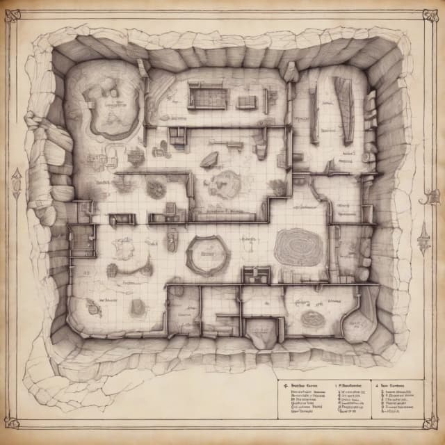 Dungeons and Dragons House map, hand drawn map, scanned from book, black grid paper, fantasy map, module map for dungeon master, mega cave map, cave interior map, map of cave, room numbers