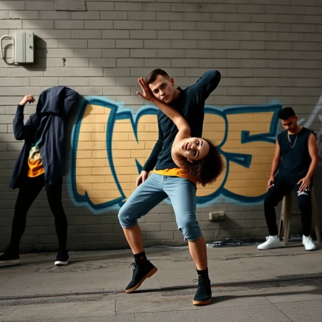 street photography photoshoot area for hip-hop dancers, minimalist style. Color scheme: muted, desaturated colors with a combination of dusty blue and mustard yellow as accent colors. Background: textured gray brick wall with subtle graffiti in blue and yellow. Moody, cinematic lighting with long shadows. No bright or vibrant colors, overall atmosphere is subdued and cool.
