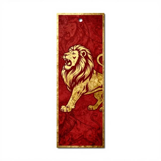 A vertical rectangular bookmark, 5x20 cm, isolated on a white background, studio lighting, 8k, hyperdetailed, inspired by the Harry Potter universe. The design is dedicated to the Gryffindor house of Hogwarts. The color palette is strictly scarlet red and gold. The background features a subtle texture of weathered parchment and a faint engraving of the Gryffindor lion. The central element is a majestic, roaring lion in gold. The overall mood is brave, noble, and warm. --ar 1:4 --style raw