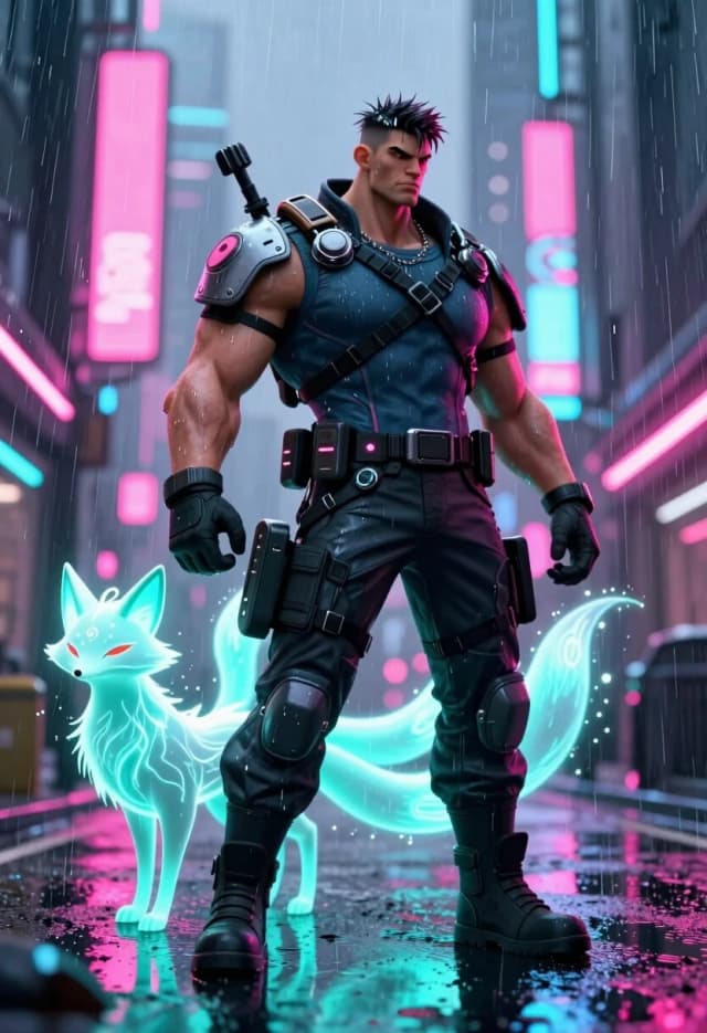Modern manhwa style digital art. A tall, muscular Orcish Hunter in tactical urban gear, wearing a tech-wear harness and futuristic gadgets, tracking a target through a neon-lit rainy street of a futuristic fantasy city. Beside him floats a small, glowing five-tailed spirit fox made of neon turquoise energy. Reflective puddles on the ground, vibrant pink and blue neon lights, cinematic rain effect. Sharp focus, glossy finish, hyper-stylized anatomy, trendy character design, 8k, high fashion fantasy.