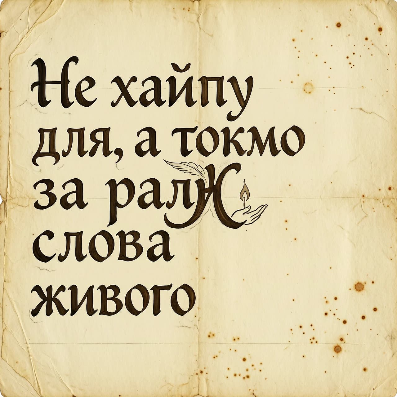 Создай логотип в виде каллиграфической надписи: «Не хайпу для, а токмо за ради слова живого». Буквы выполнены в стиле древнерусского полуустава, чернила слегка выцвели, как на пергаменте. Буква «Ж» в слове «живого» стилизована под взлетающую птицу или руку, прикрывающую свечу. Фон — фактурная бумага, композиция асимметрична, смещена влево — как сопротивление цифровому центрированию. Без векторной чёткости, только живые мазки кисти. Дополнительно ничего не пиши.
