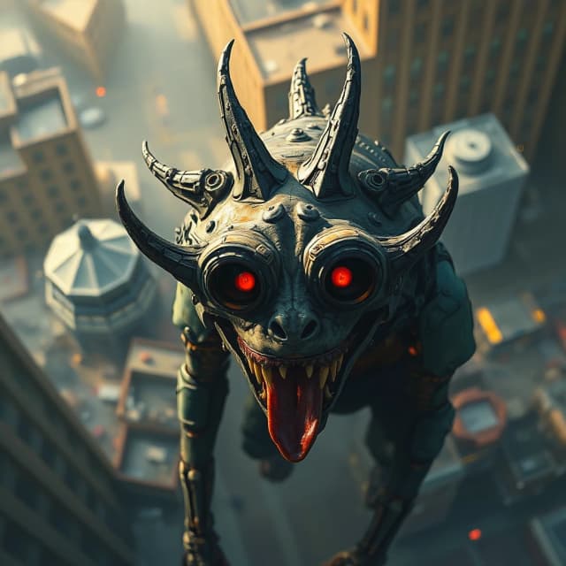 by greg rutkowski, loish, rhads, ferdinand knab, makoto shinkai, lois van baarle, ilya kuvshinov, rossdraws, tom bagshaw and alphonse mucha, angle from above of a [Expressive:Biopunk:14] (Dark matter:1.3) , anthropomorphic with a face, shallow depth of field, Ultra Detailed, Fearful, natural lighting, cityscape, vivid, intricate, fabulous colors, located artistic, ambient light