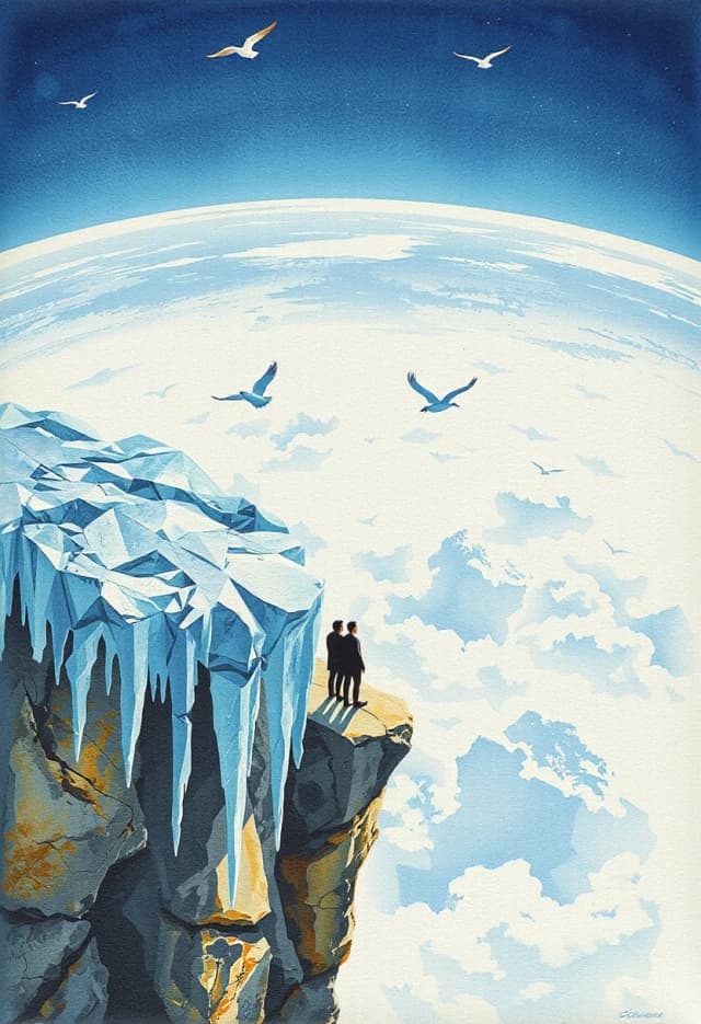 Polygonal pattern on canvas, scroll, angular bold lines, stencil watercolor. Vertical view from above from planetary orbit. Rock formation covered with icy long transparent stalagmites.
Female and male silhouettes stand in profile on a cliff. Global perspective. Horizon. Glass birds above the sea, clouds + female and male silhouettes, glass birds in the sky, minimalist palette.