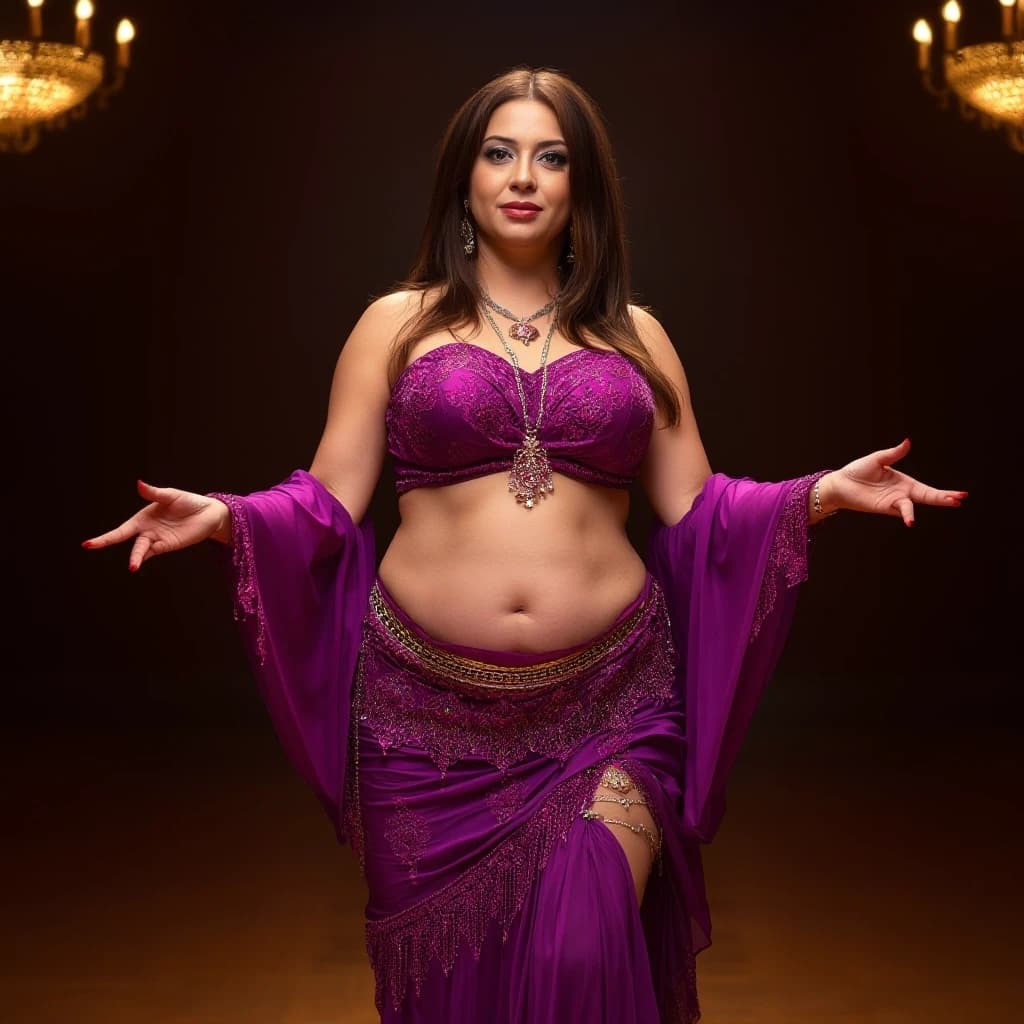 front view chubby belly dancer forty years woman in purple costume brown straight hair stand in hall