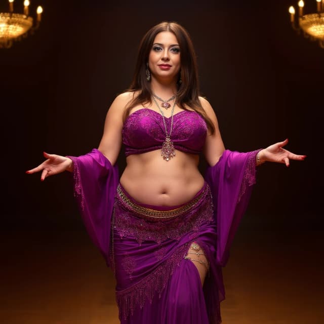 front view chubby belly dancer forty years woman in purple costume brown straight hair stand in hall