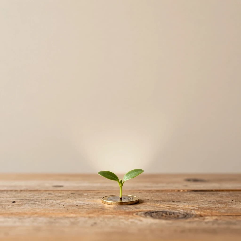 Minimalist conceptual photography of a single gold coin lying on a rough, plain wooden table. From the center of the coin, a tiny green sprout is growing, reaching towards a soft ray of light. The background is a vast, empty beige wall. This symbolizes that true wealth is not in gold, but in life and growth. The upper half of the image is a large empty space, perfect for event text. Philosophical, hopeful, minimal, warm tones, 4:5 aspect ratio.