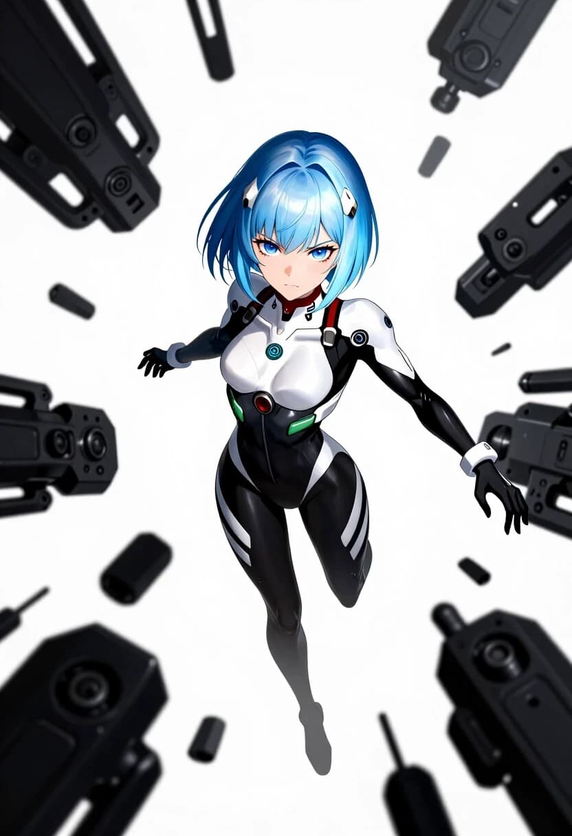 (lacia beatless:1.3), beatless, 1girl, solo, android, (ice blue hair, light silver-blue hair:1.2), blunt bangs, (dark blue eyes, indigo eyes:1.2), expressionless, wearing futuristic white and black hIE bodysuit, surrounded by floating huge black mechanical weapon parts Black Monolith, dynamic action pose, masterpiece, high quality anime, digital art, illustration by redjuice, smartphone wallpaper