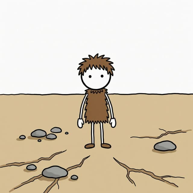 1
 A single minimalist stick-figure with round white head, small black dot eyes, short messy brown hair, simple brown fur tunic standing alone in a vast empty desert looking at the far flat horizon, flat beige sandy ground with simple cracks and small gray rocks, plain white sky, flat 2D hand-drawn cartoon illustration, bold slightly uneven black ink outlines, naive doodle explainer style, minimalist stick-figure characters with round white heads, small black dot eyes, short messy brown hair, simple brown fur tunic, flat solid color fills with no gradients or shading, restricted palette of brown, beige, tan, orange, light blue, gray and white, plain white or very light background, lots of empty negative space, clean simple composition, 16:9 horizontal composition, centered subject, plenty of white negative space4