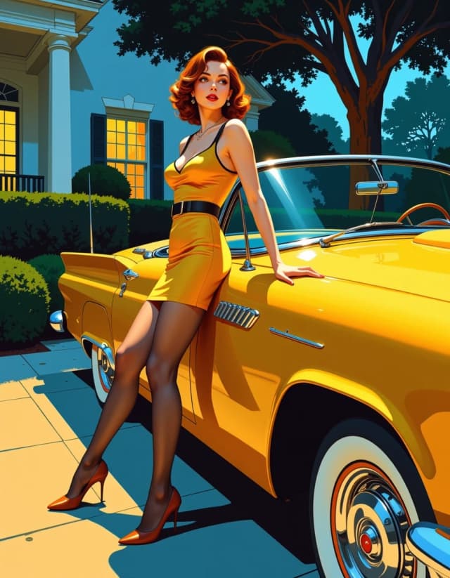 A masterpiece,  in the style of the 1980s, with bold lines, dynamic strokes and rich textures, on background with a touch of nostalgia, perhaps with subtle drawings inspired by cellulose and vintage, worn textures similar to paper, oil painting, Cinematic nighttime street scene, 1950s suburban setting, photorealistic high-detail portrait of a glamorous woman leaning against a glossy golden vintage convertible. Full-body three-quarter view, low to eye-level angle, warm porch light and soft street rim lighting creating dramatic highlights on chrome, whitewall tires and lacquered paint, subtle cool shadows in background. Woman in mustard-yellow fitted dress with black trim, sheer stockings and brown heels, vintage wavy auburn hair, red lipstick, natural skin texture, expressive gaze looking off-frame. House with lit windows, manicured hedges and tree trunks in soft bokeh. Rich color grading: warm gold highlights, teal-blue shadows, gentle film grain, shallow depth of field, crisp fine detail on fabrics, metal and skin, 35mm lens feel, f/2.8, dramatic cinematic mood, ultra-realistic, 8k, high dynamic range.