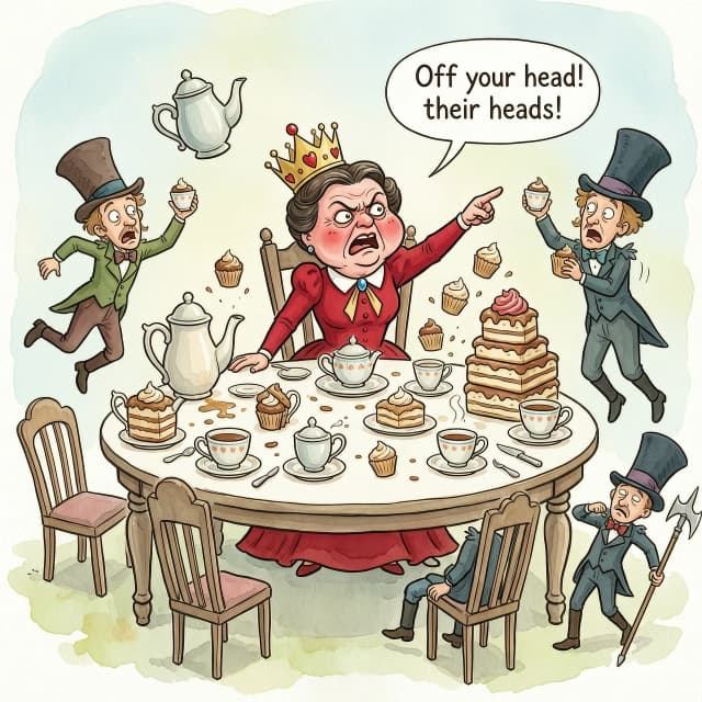 (masterpiece:1.8, acrylic painting:1.5, best quality:1.6, ultra-detailed:1.6). A bizarre and funny image (of the Queen of Hearts), who, sitting at a crazy tea table, angrily exclaims: "Off your head!' (Off with their heads!). The reason for her anger may have been a bad croquet game or too much sugar in her tea. (She's sitting at the head of a table strewn with ridiculous teapots and mountains of cakes, her crown slightly askew.) The Queen's face is red with annoyance, with puffed cheeks and wide-open eyes that look more offended than truly angry. (She points her finger with such effort that she looks like she's about to knock over her tea).
(Around her are the Hatter and the March Hare, who comically jump up and down in "fright," but at the same time try to hold on to their cups and cupcakes. Sonya may have poked her head out of the kettle, clearly annoyed by the noise. The card guards nearby may be awkwardly retreating, tripping over table legs or dropping their halberds). The tea table is a mess of flying cupcakes, spilled tea, and tumbling teacups.
The lighting is light and airy, creating a light, almost pastel mood. The overall atmosphere is a light, funny mess, where the Queen's anger is more of a familiar but theatrical act. Detailed watercolor or pastel illustration, playful composition, soft but saturated colors, light strokes, digital painting. Inspired by Quentin Blake's dynamic illustrations and Mary Blair's vibrant style.