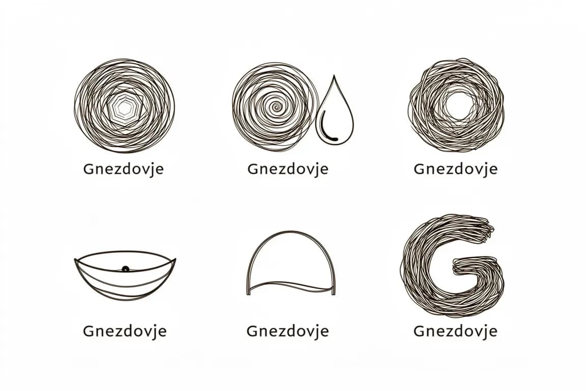 Create 5 vector-style logo concepts for the perfume brand "Gnezdovje" based on the following description (Group 1: The Nest as an Archetype):
1.	Nested spirals — three concentric spirals radiating from the center, mimicking the layers of a nest. The spirals form a hexagon (honeycomb shape) in the middle. Style: linear, 1.5px stroke, fine elegant lines.
2.	Spiral + drop — a spiral on the left and a drop of aromatic oil on the right, merging into one another. This alludes to both the craft (the coiling motion) and perfumery.
3.	Nest in a circle — a classic nest (three or four intersecting lines) enclosed within a perfect circle. The circle symbolizes a closed cycle and the nature of the craft.
4.	Minimalist nest — two arcs forming a bowl shape (a top-down view of a nest). Inside, there is a dot or a very fine line representing an egg or a seed.
5.	Nest as the letter "G" — the initial letter of "Gnezdovje" transformed into a nest. Spirals form the outline of the "G," with open space in the center.