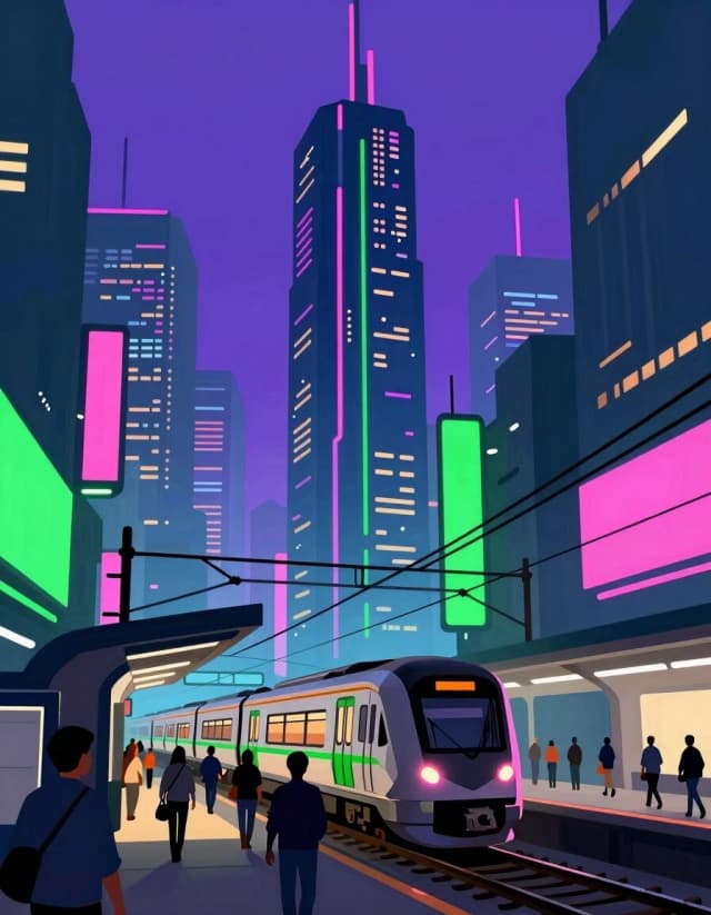 Generate an image in a digital painting style. A cyberpunk-style city at night featuring towering skyscrapers, neon signs, and illuminated buildings crisscrossed by a web of wires. In the foreground, set against the cityscape, a high-tech passenger train is shown arriving at a station. People hurry along the city streets, busy with their own affairs. Key elements: digital skyscrapers, wires strung between buildings. Colors: purple, blue, green, pink.