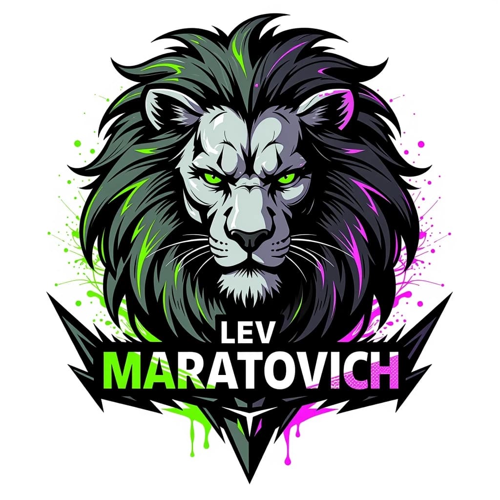 Cyberpunk logo for “Лев Маратович”: metallic lion head with neon tubes, visible micro‑circuitry, and glowing neural‑link lines. Mane as a flow of digital particles or energy field. Text in HUD‑style font, sharp and angular with subtle holographic shadow. Colors: matte black, acid green, cool silver, occasional bright pink highlights. Slight parallax effect, tech‑forward urban style, clean white background, scalable and clear at small sizes.
