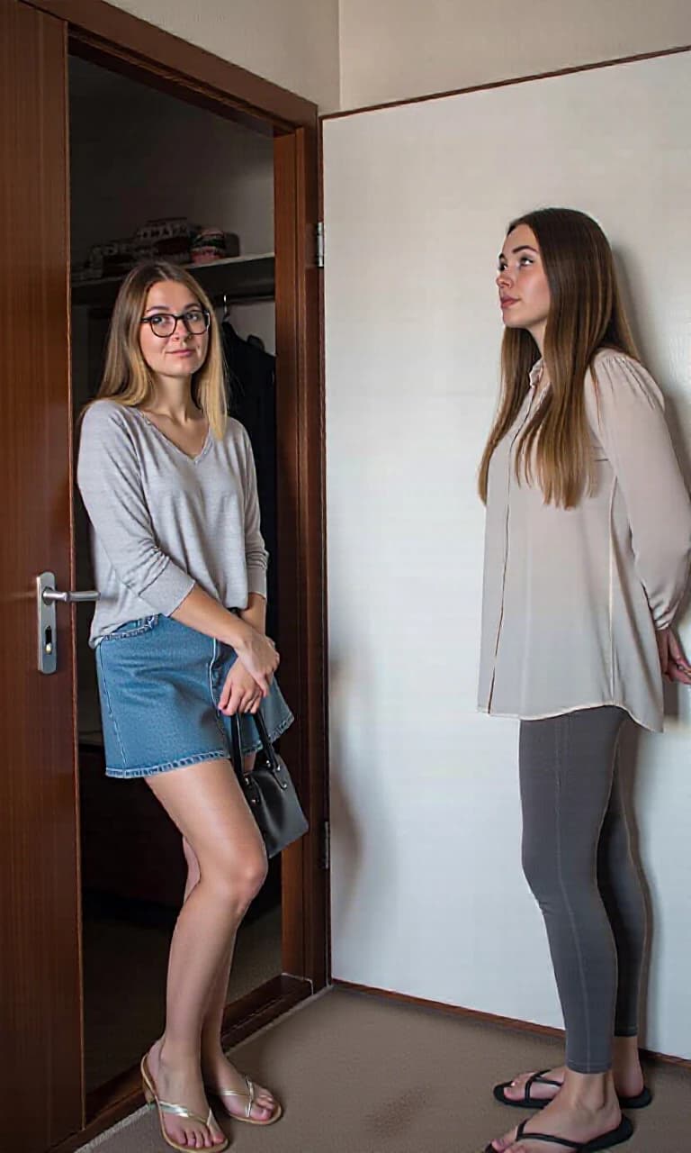 A vertical shot taken with a mobile phone camera: two friends are standing by the door in an ordinary Moscow apartment. Both of them are considered tall, and that’s the whole point — a tall woman with someone much taller.

On the left is Oksana, 32 years old, 190 cm tall: a relaxed pose, a slight smile, as if she’s capturing the moment for memory. She’s wearing a light top, a denim skirt, and open‑toed shoes; she has a handbag in her hand and glasses on her nose. Her gaze is directed at the camera, and her expression conveys a hint of surprised admiration. she is aware of the contrast and feels her growth in a new way for the first time.

On the right is Irina, 225 cm: . She's wearing a light blouse, leggings, flip-flops. Her gigantic height is immediately striking: she almost rests her head on the top edge of the frame, she is much taller than the door, and her shoulders occupy a significant part of the space.

The interior is typical for a Moscow apartment: a closet next to the door, a carpet with a discreet pattern on the floor; . Lighting — daylight from the window: ,

The main thing is to clearly show the difference in height: Irina is 35 cm taller than Oksana, and this isn’t a special effect — emphasize the difference in their heights.