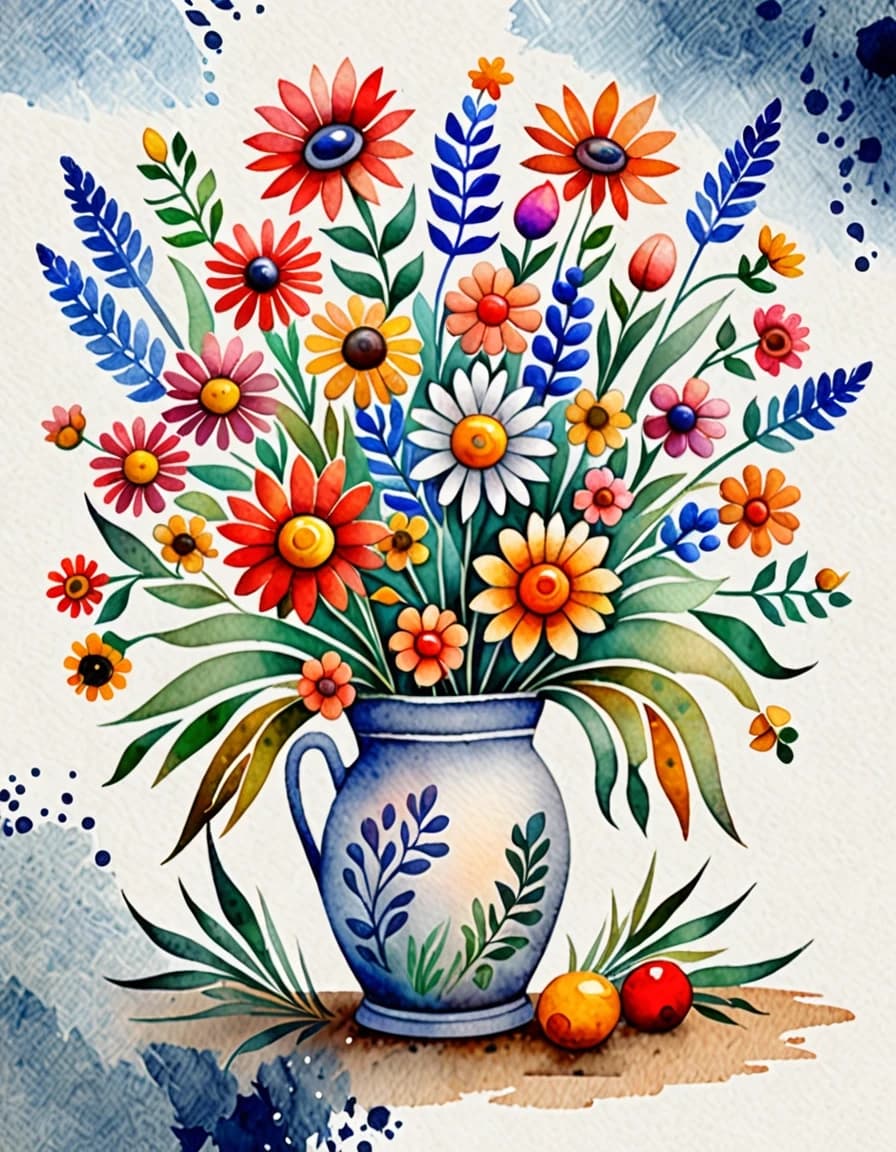 A masterpiece. Create an image. Style watercolor painting: ((Style: naive art - primitive, splint painting Mitkov - image - flowers)):1.6, clear edges, clear textures, volumetric composition, studio lighting, author's style, 8k resolution. High detail and clear texture. Intense close-up. High quality. Increased attention to small details. The aspect ratio is 3:4.