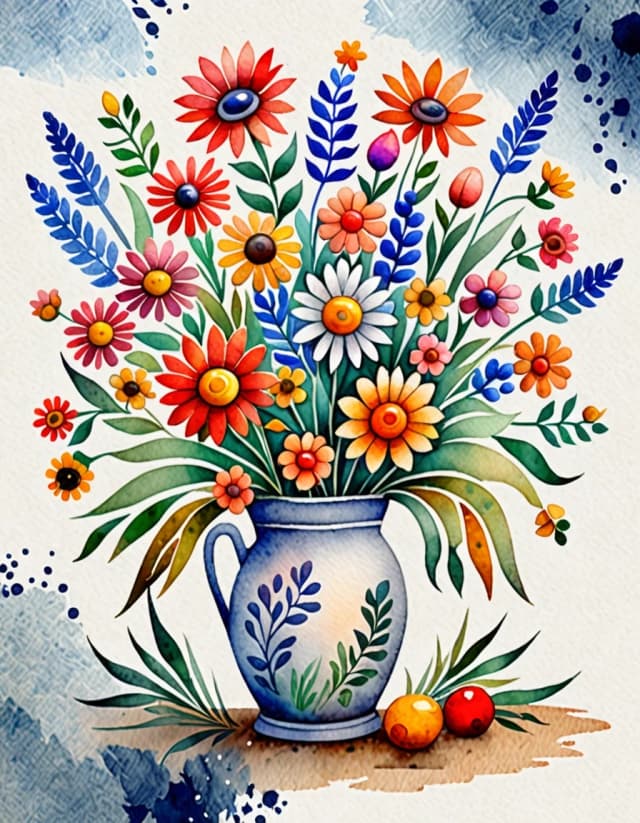 A masterpiece. Create an image. Style watercolor painting: ((Style: naive art - primitive, splint painting Mitkov - image - flowers)):1.6, clear edges, clear textures, volumetric composition, studio lighting, author's style, 8k resolution. High detail and clear texture. Intense close-up. High quality. Increased attention to small details. The aspect ratio is 3:4.