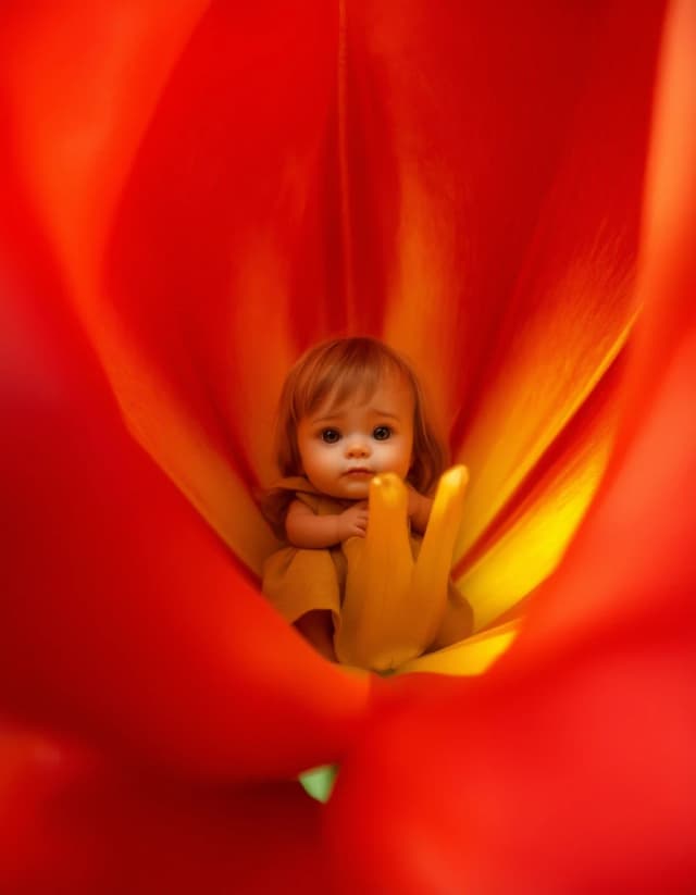 A masterpiece. Create an image. The style is oil painting. ((How an artificial intelligence would depict a little Thumbelina girl in the petals of a blooming tulip, the angle of the flower is from below, looking at the camera, macro shooting:1.6)). High resolution. High detail and clear texture of the tulip petals.  Intense close-up. High quality. Increased attention to small details. The aspect ratio is 3:4. The artists are Russ Mills, Eugene Yamamoto.