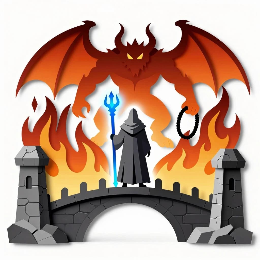 Lord of the Rings scene, Gandalf the Grey standing on Khazad-dum bridge with his back to the viewer, glowing blue staff, fiery Balrog with sword and whip in front, view from behind the wizard, multi-layered paper art style papertol and pop-up card, 5 distinct isolated layers on solid white background, flat vector shapes without intersections, thick black outlines, fantasy art, high detail fire and stone, studio lighting