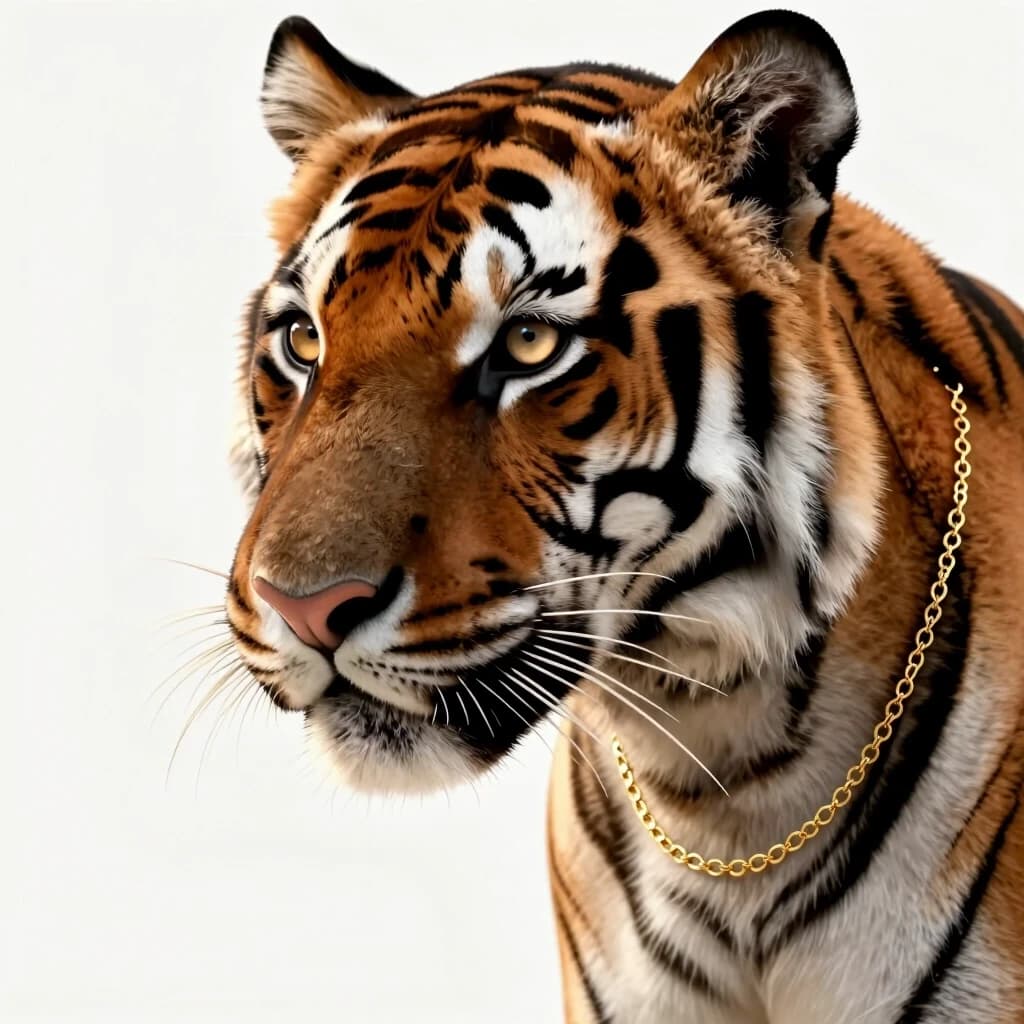 A premier luxury 3D digital art soft close-up portrait of a gorgeous elegant female tiger animal, gentle feminine facial features, beautiful light sand-honey colored eyes, soft gaze. Half-profile view. Wearing a delicate real gold chain necklace made of tiny interconnected link chain loops, soft flexible fine jewelry laying on her neck fur. Solid seamless pristine white studio background. Soft warm volumetric lighting, high contrast, exquisite masterpiece, 8k resolution, octane render, clean look.