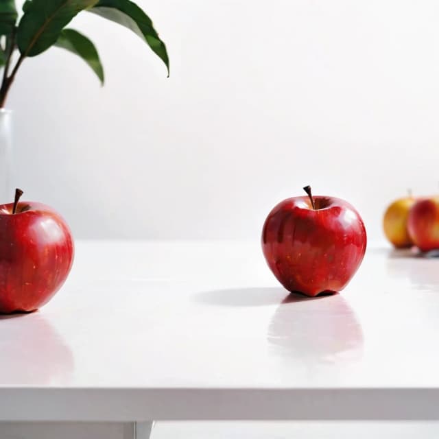 a red apple on a white table