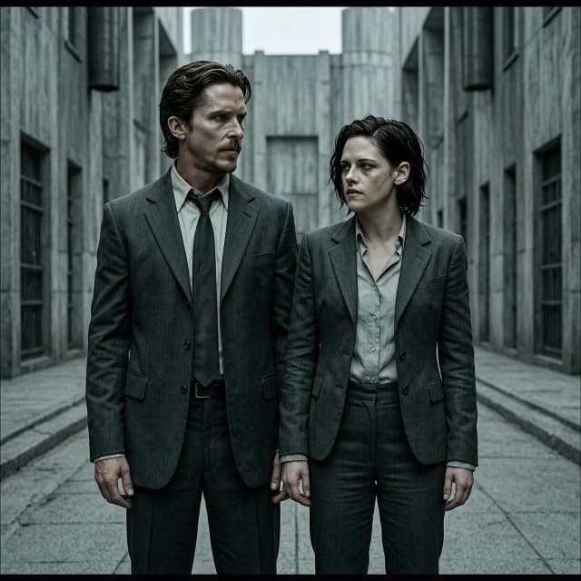 Christian Bale and Kristen Stewart in "Equilibrium" movie style