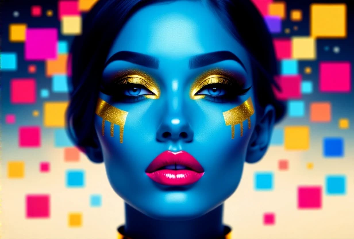 "Woman's face profile, blue skin with gold makeup on eyes and lips, colorful pixelated squares floating around her face, glitter effect, dark background, cyberpunk style."
