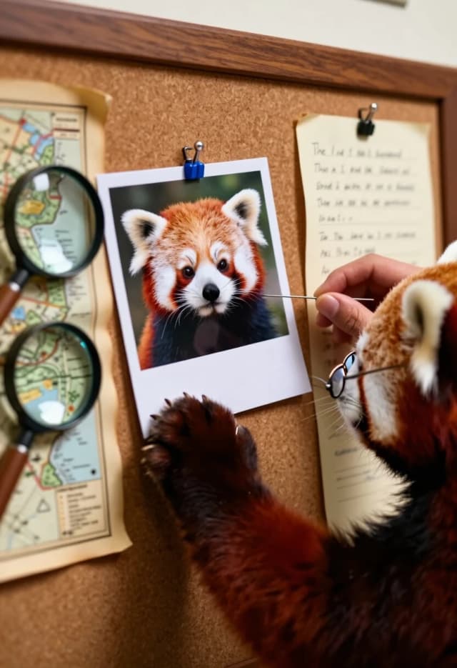 A close-up, realistic shot of a detective agency's evidence board. An anthropomorphic red panda with small glasses is meticulously pinning a photo and a scrap of fabric to a corkboard. Detailed paws with small claws holding a pin. Around the board are magnifying glasses, old maps, and handwritten notes. Soft, warm library lighting, smell of old paper and mahogany. 8k resolution, macro photography, extreme detail of the red panda's fur and the texture of the paper, shallow depth of field, professional cinematic color grading, sharp focus on the evidence.