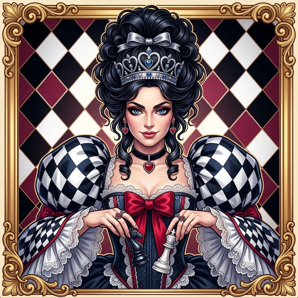 The picture shows a stylized illustration of a character resembling the Queen of Chess from Alice through the Looking Glass. This is fantasy art with vivid and expressive features.
Description of the image: Dress: inspired by the Baroque or Rococo era. The corset is blue-black with white lace around the edges and a large red ribbon in front. Wide sleeves with white cuffs and puffy ruffles. On the shoulders are massive bow capes with a black and white checkerboard pattern (symbol 
 Headdress: Silver crown with blue stones, decorated with prongs in the shape of hearts.
Hairstyle: Lush black hair with curls gathered in a high bun with a silver bow on top. Shoulder-length strands of hair hang down the sides.
Jewelry: Black necklace with red heart pendant; earrings in the form of red hearts.
 Hands: The character holds two pawns:black and white. 
Background:The picture is designed like a chessboard. It is enclosed in a golden frame with curlicues at the corners. Inside the frame is a background in the form of a diamond—shaped grid of white, black and burgundy cells, which emphasizes the chess theme. This image combines the aesthetics of the Fantasy and the Victorian era, creating a vivid and memorable image of the queen. (Style):fantasy art, rococo, Gothic, Baroque, art design, romance, close-up, high quality, gradient, grace, Interior light, 4k, intricate details.