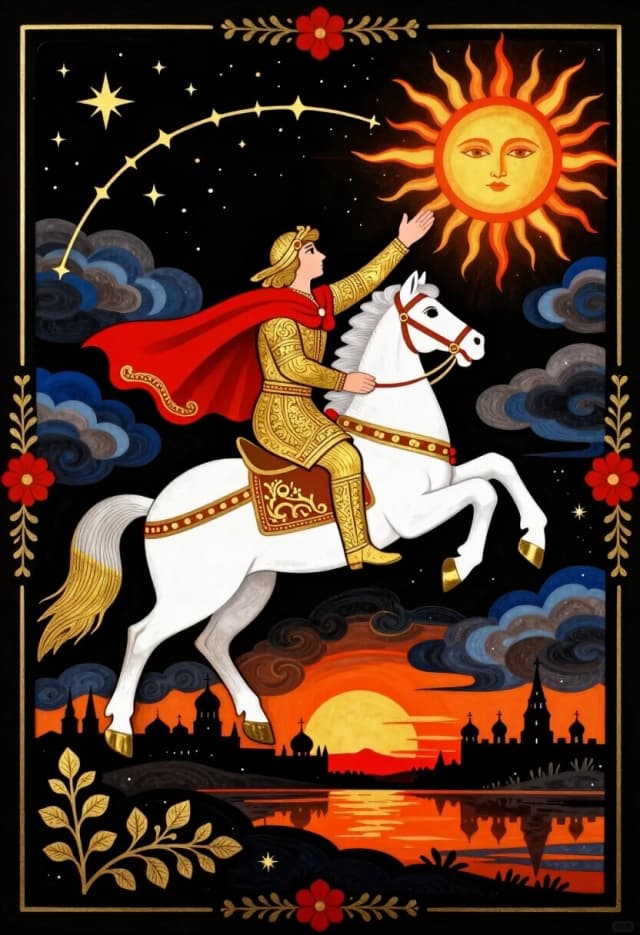 Создай вертикальную иллюстрацию в стиле палехской лаковой миниатюры, строго соблюдая классические каноны: вытянутая композиция, чёрный фон как основа, плавные силуэты, обилие золотой штриховки, тонкая контурная проработка, орнаментальные бордюры.

В центре — Иван Царевич в расшитых золотом одеждах и алом плаще на вздыбленном белом коне; поза динамична — герой устремлён вверх, протягивая руку к сияющему солнцу с человеческим лицом (в правом верхнем углу), чьи лучи‑языки пламени резко контрастируют с чёрным звёздным небом. В нижней части — пылающий закат над силуэтом древнерусского города с куполами, отбрасывающий оранжево‑алые отсветы на тёмный ландшафт. По правой и нижней сторонам — тяжёлые клубящиеся облака тёмно‑синего и угольного оттенка, подчёркивающие границу между светом и тьмой.

Добавь дугу из цветочных орнаментов и звёзд, соединяющую верх и низ композиции; по краям — витиеватые растительные узоры в золотой и киноварной гамме. Детализируй узоры на одежде, сбруе, седле, орнаментальных элементах; используй насыщенную палитру: золото, киноварь, ультрамарин, чёрный, охра. Добивайся чёткого противопоставления ярких освещённых зон (фигура, солнце, закат) и глубоких теней (облака, дальний план), сохраняя декоративную условность и выразительную контрастность стиля.