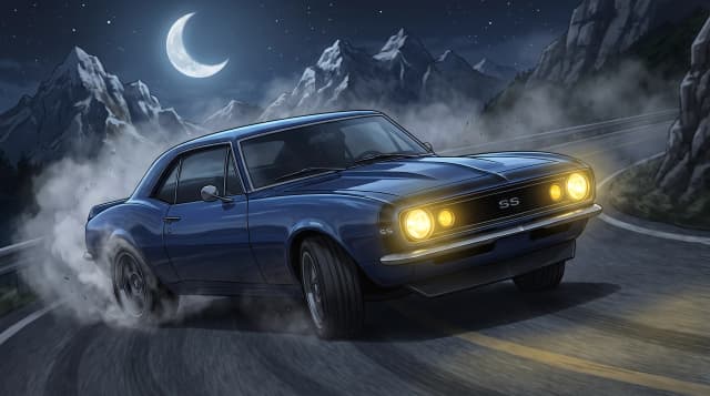 Chevrolet Camaro SS 1967, едет по горной дороге, дрифт, эпичный ракурс, горящие фары, на фоне гор, ночь и луна, шедевр, крупный план, стиль аниме с реалистичными деталями
