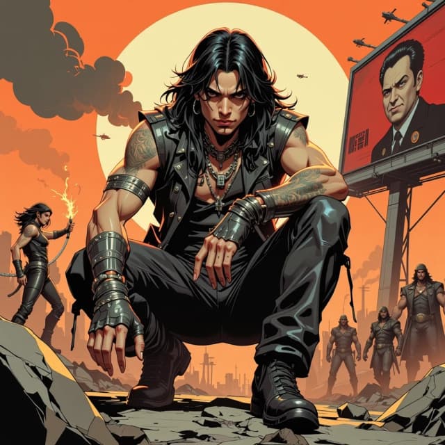 A masterpiece,  in the style of the 1980s, with bold lines, dynamic strokes and rich textures, on background with a touch of nostalgia, perhaps with subtle drawings inspired by cellulose and vintage, worn textures similar to paper,oil painting, Cinematic, hyper-detailed heavy-metal album cover scene: a gritty, leather-clad rocker crouched in the foreground with long teased black hair streaked with silver, intense smoldering gaze, heavy eyeliner and weathered makeup, torn studded leather jacket and pants, layered chains, fingerless studded gloves and metal bracelets; dramatic rim and warm orange backlighting from a stormy, polluted sky, volumetric smoke and distant industrial sparks highlighting textured grime on skin and clothing. Behind him, a sprawling dystopian cityscape of smokestacks, pipelines and neon-lit factories, a crowd of shadowy figures and marching silhouettes, a towering propaganda billboard with a sinister smiling portrait , small helicopters and searchlights in the sky. Rich sepia and amber color grading, high contrast, gritty film grain, ultra-realistic textures, shallow depth of field with crisp focal detail on the subject, moody atmospheric haze, dramatic composition suited for a bold album cover. celshading, simple background