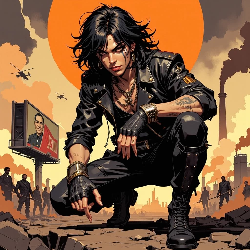 A masterpiece,  in the style of the 1980s, with bold lines, dynamic strokes and rich textures, on background with a touch of nostalgia, perhaps with subtle drawings inspired by cellulose and vintage, worn textures similar to paper,oil painting, Cinematic, hyper-detailed heavy-metal album cover scene: a gritty, leather-clad rocker crouched in the foreground with long teased black hair streaked with silver, intense smoldering gaze, heavy eyeliner and weathered makeup, torn studded leather jacket and pants, layered chains, fingerless studded gloves and metal bracelets; dramatic rim and warm orange backlighting from a stormy, polluted sky, volumetric smoke and distant industrial sparks highlighting textured grime on skin and clothing. Behind him, a sprawling dystopian cityscape of smokestacks, pipelines and neon-lit factories, a crowd of shadowy figures and marching silhouettes, a towering propaganda billboard with a sinister smiling portrait , small helicopters and searchlights in the sky. Rich sepia and amber color grading, high contrast, gritty film grain, ultra-realistic textures, shallow depth of field with crisp focal detail on the subject, moody atmospheric haze, dramatic composition suited for a bold album cover. celshading, simple background