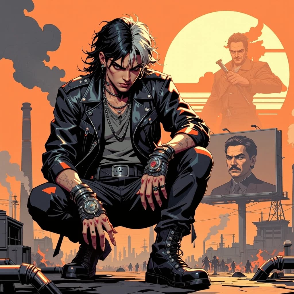 A masterpiece,  in the style of the 1980s, with bold lines, dynamic strokes and rich textures, on background with a touch of nostalgia, perhaps with subtle drawings inspired by cellulose and vintage, worn textures similar to paper,oil painting, Cinematic, hyper-detailed heavy-metal album cover scene: a gritty, leather-clad rocker crouched in the foreground with long teased black hair streaked with silver, intense smoldering gaze, heavy eyeliner and weathered makeup, torn studded leather jacket and pants, layered chains, fingerless studded gloves and metal bracelets; dramatic rim and warm orange backlighting from a stormy, polluted sky, volumetric smoke and distant industrial sparks highlighting textured grime on skin and clothing. Behind him, a sprawling dystopian cityscape of smokestacks, pipelines and neon-lit factories, a crowd of shadowy figures and marching silhouettes, a towering propaganda billboard with a sinister smiling portrait , small helicopters and searchlights in the sky. Rich sepia and amber color grading, high contrast, gritty film grain, ultra-realistic textures, shallow depth of field with crisp focal detail on the subject, moody atmospheric haze, dramatic composition suited for a bold album cover. celshading, simple background